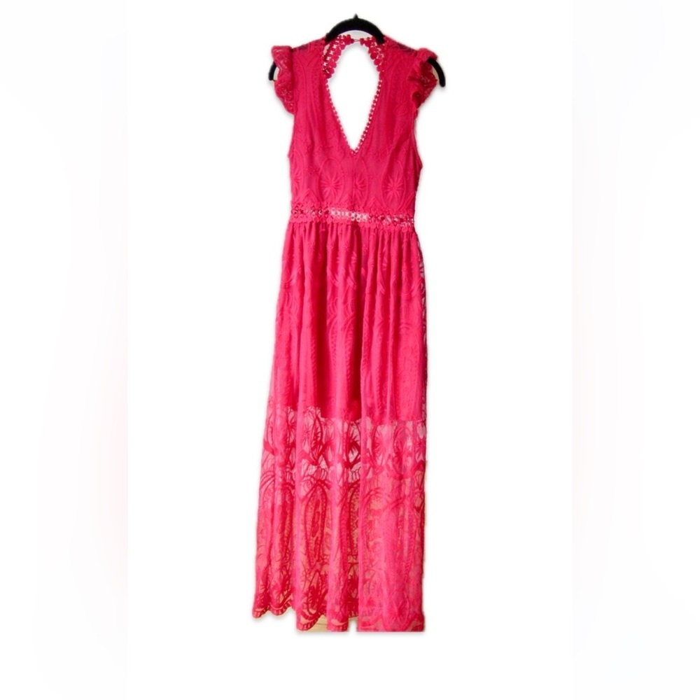 Pink Lace Maxi Dress with Keyhole Back